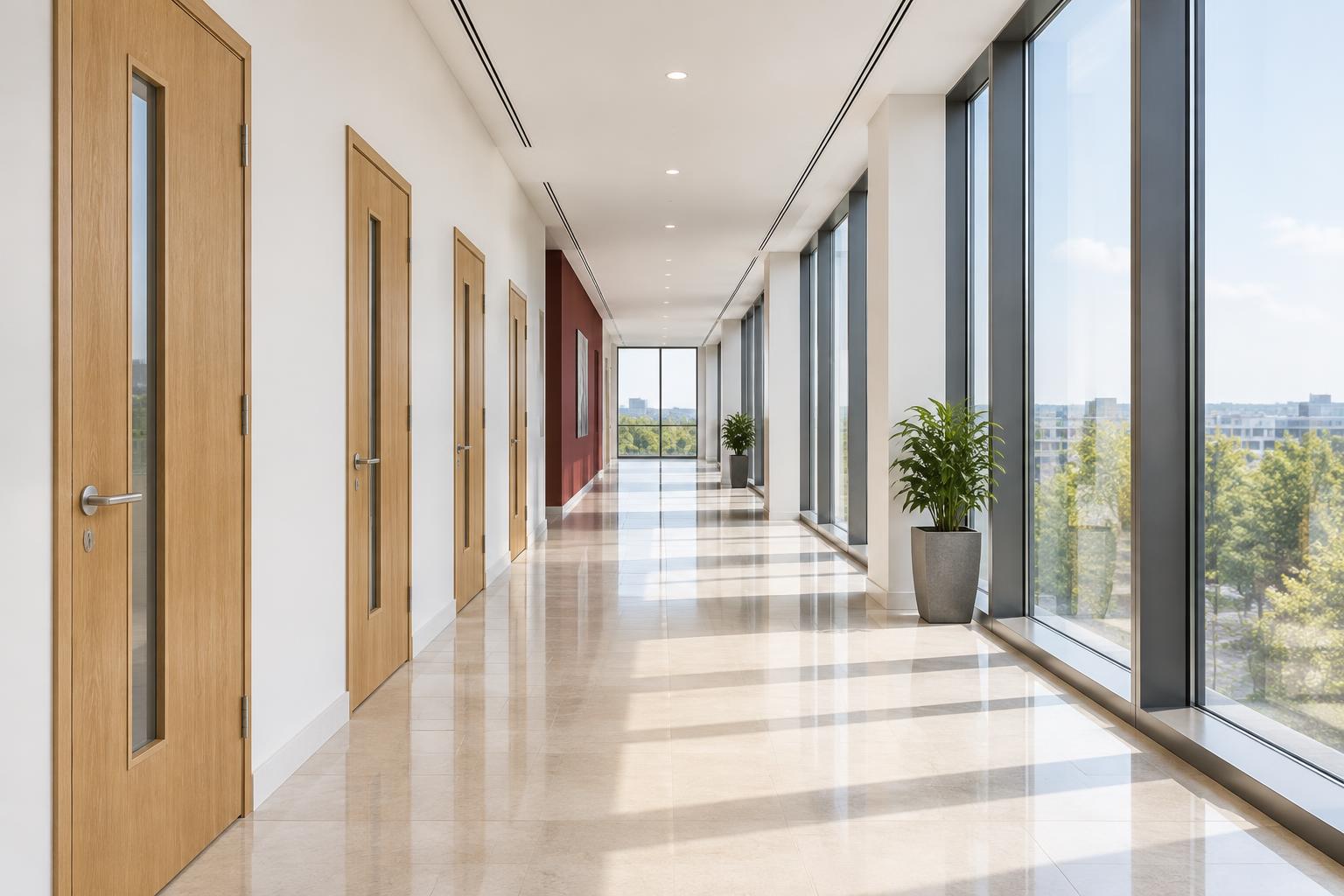 Row of light oak fire doors along a sunlit corridor